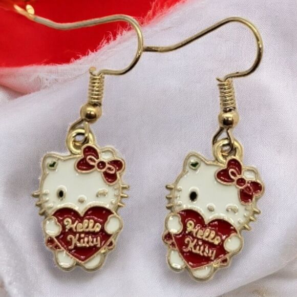 Hello Kitty Red Heart Dangle Earrings Gold-Tone Enamel Pierced Ears Cat Jewelry - Picture 3 of 3